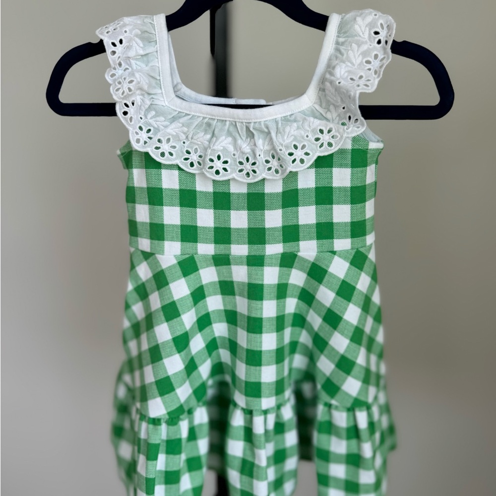 Janie and Jack Green and White Gingham Dress with Eyelet Collar